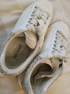 Steve Madden White Lace-Up Sneakers with Crystal Heel Trim